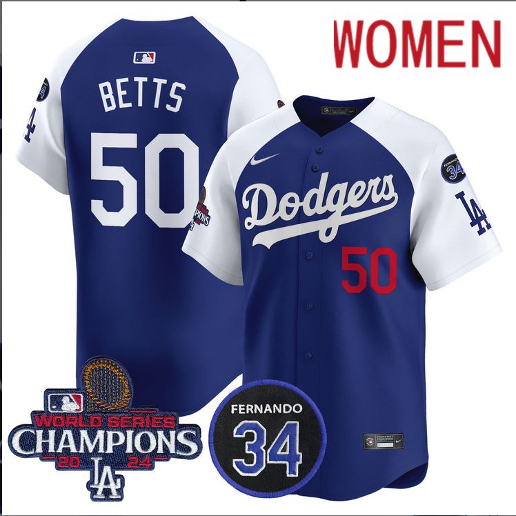 Women MLB Los Angeles Dodgers 50 Betts blue 2024 World Series Champions Patch Limited Jersey style 3